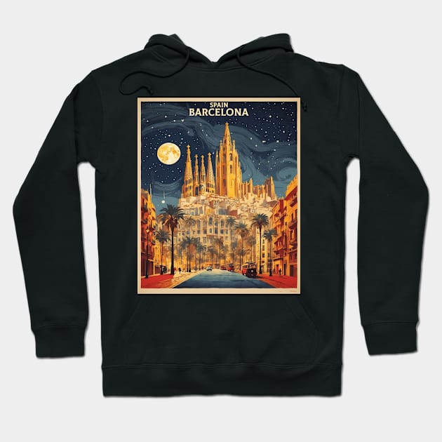 Barcelona Starry Night Spain Travel Tourism Retro Vintage Hoodie by TravelersGems